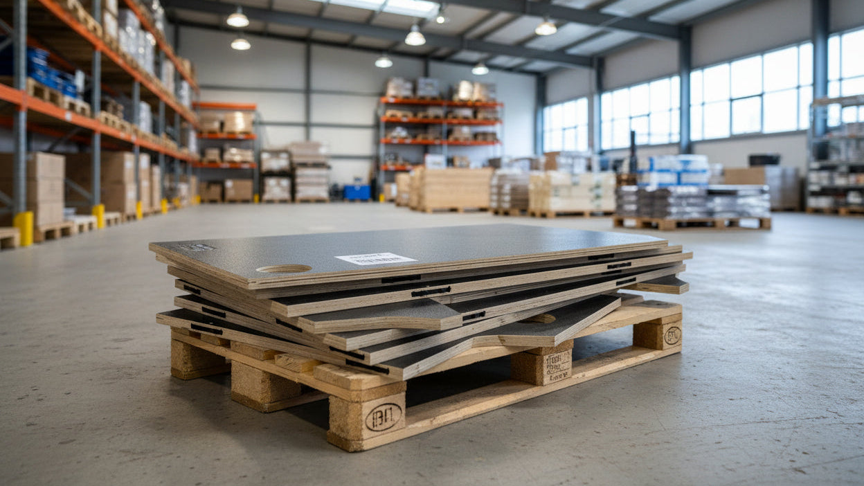 Plancher pour véhicule utilitaire disposé et empilé sur une palette. Le plancher est en kit il se monte élément par élément.